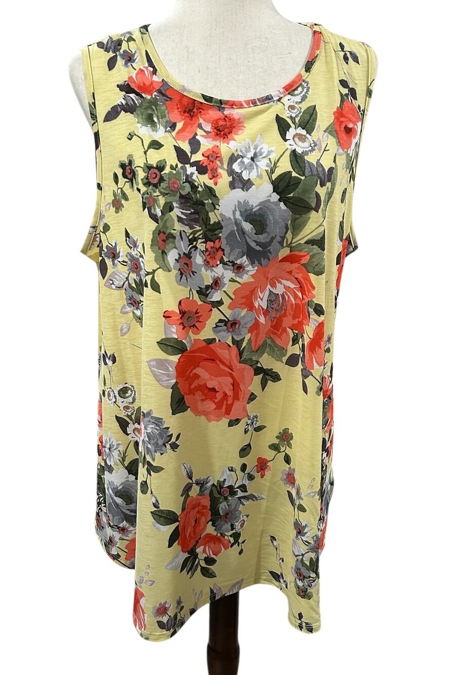Heimish USA Yellow with Red Orange Floral Tunic Tank Top Plus Size 2XL EUc